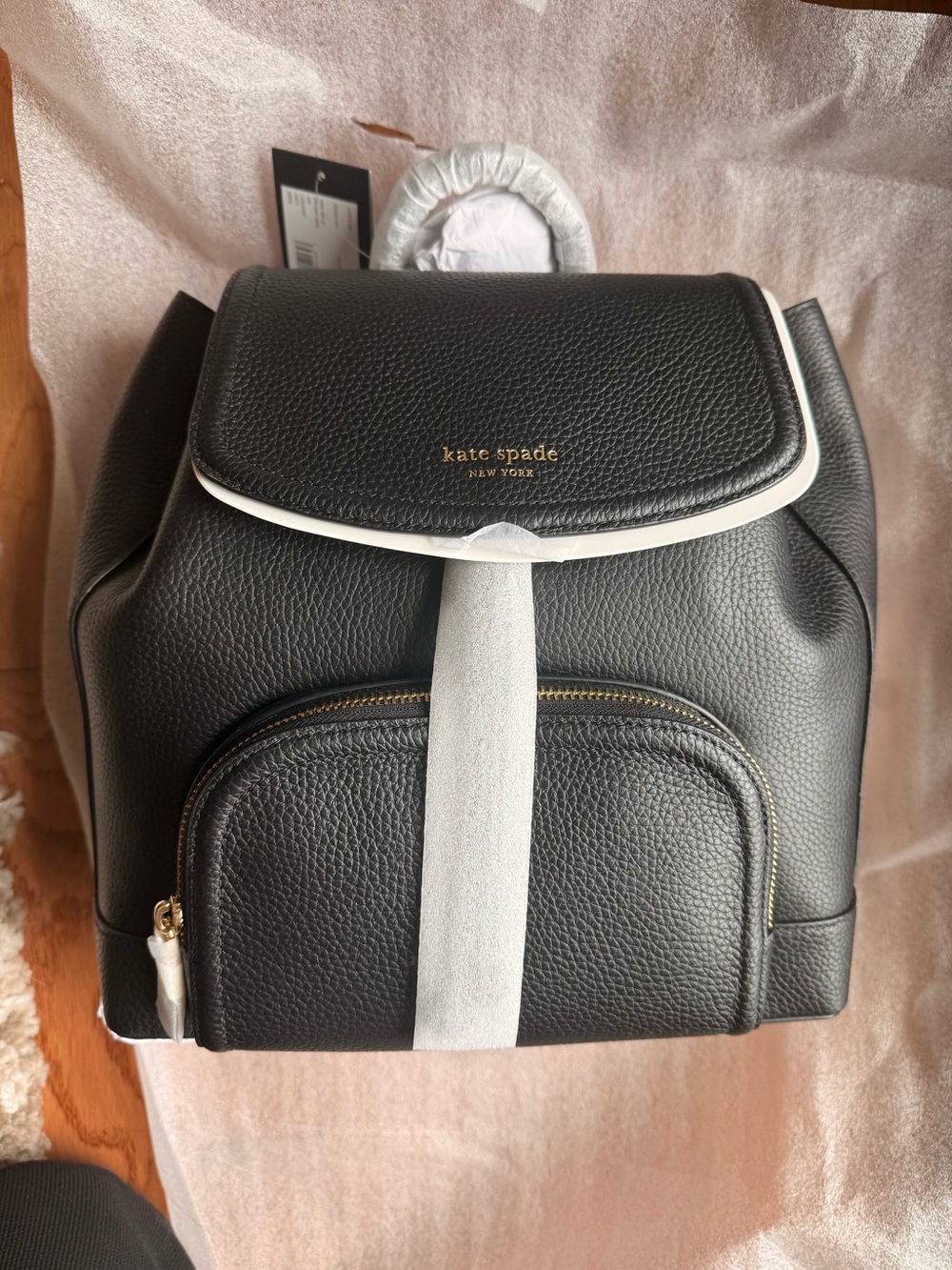 kate spade black pebbled leather backpack with white trim